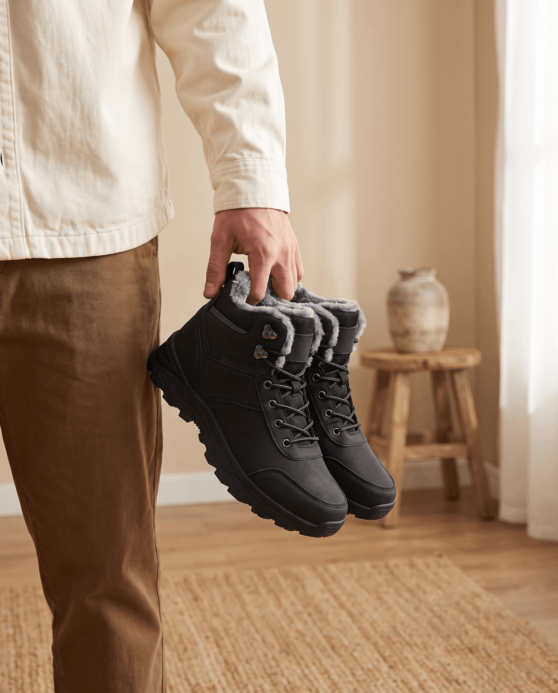 Person holding black lace-up winter boots indoors.