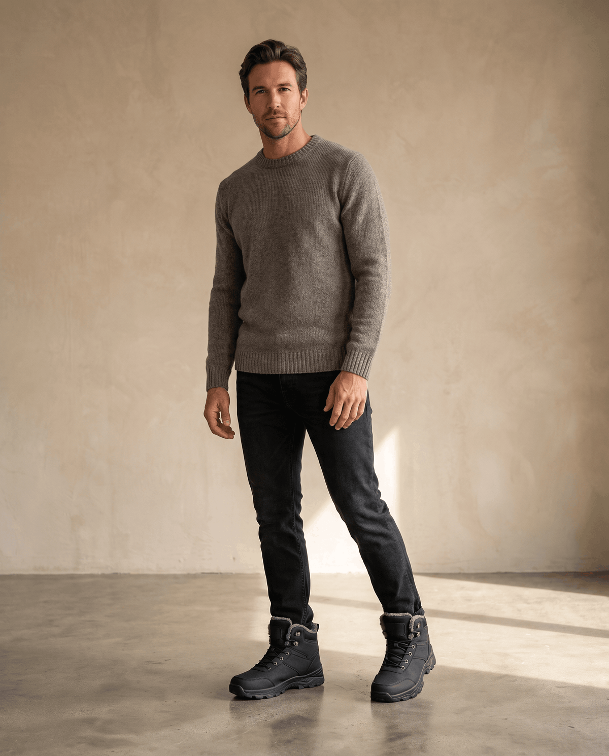 Man wearing black winter boots with dark pants in a minimalist setting.