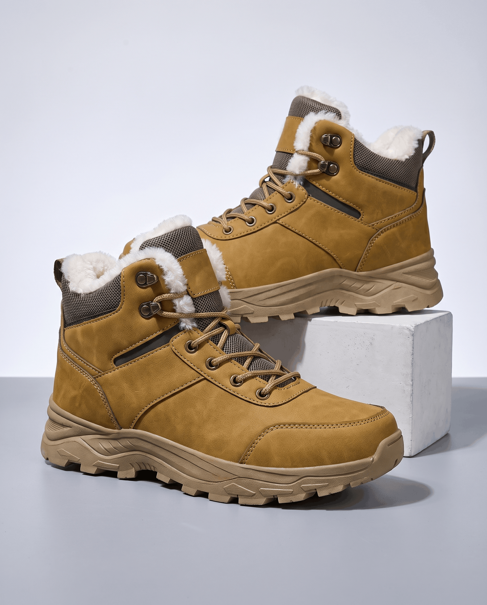 Brown insulated lace-up boots with padded collars displayed on a white background.