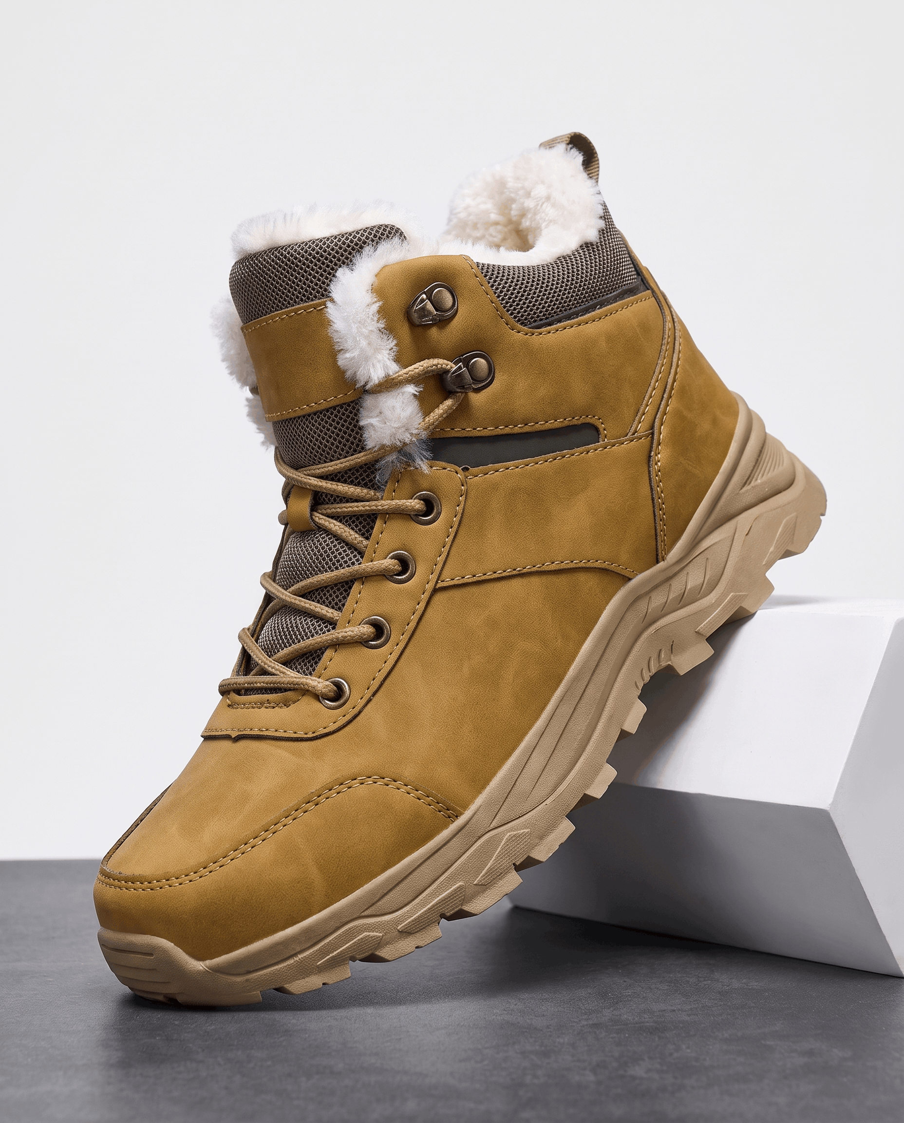 Brown winter boots shown on a white pedestal.