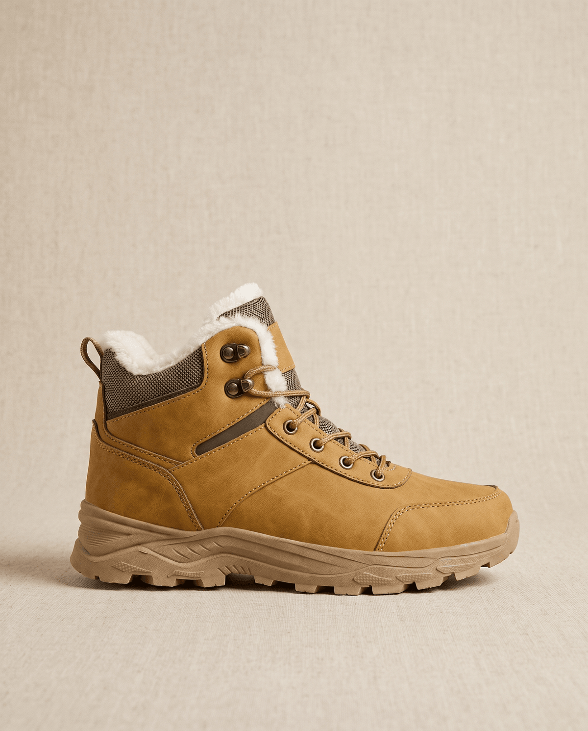 Brown insulated lace-up boot displayed against a white background.