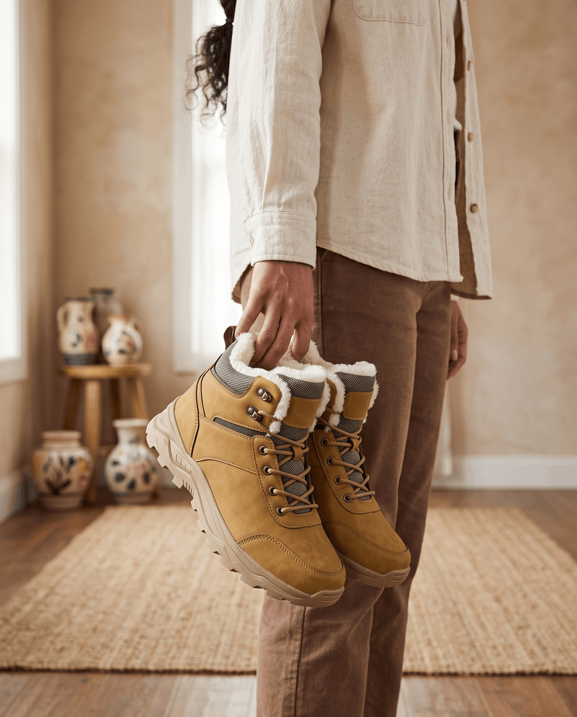 Person holding gray insulated lace-up winter boots indoors.