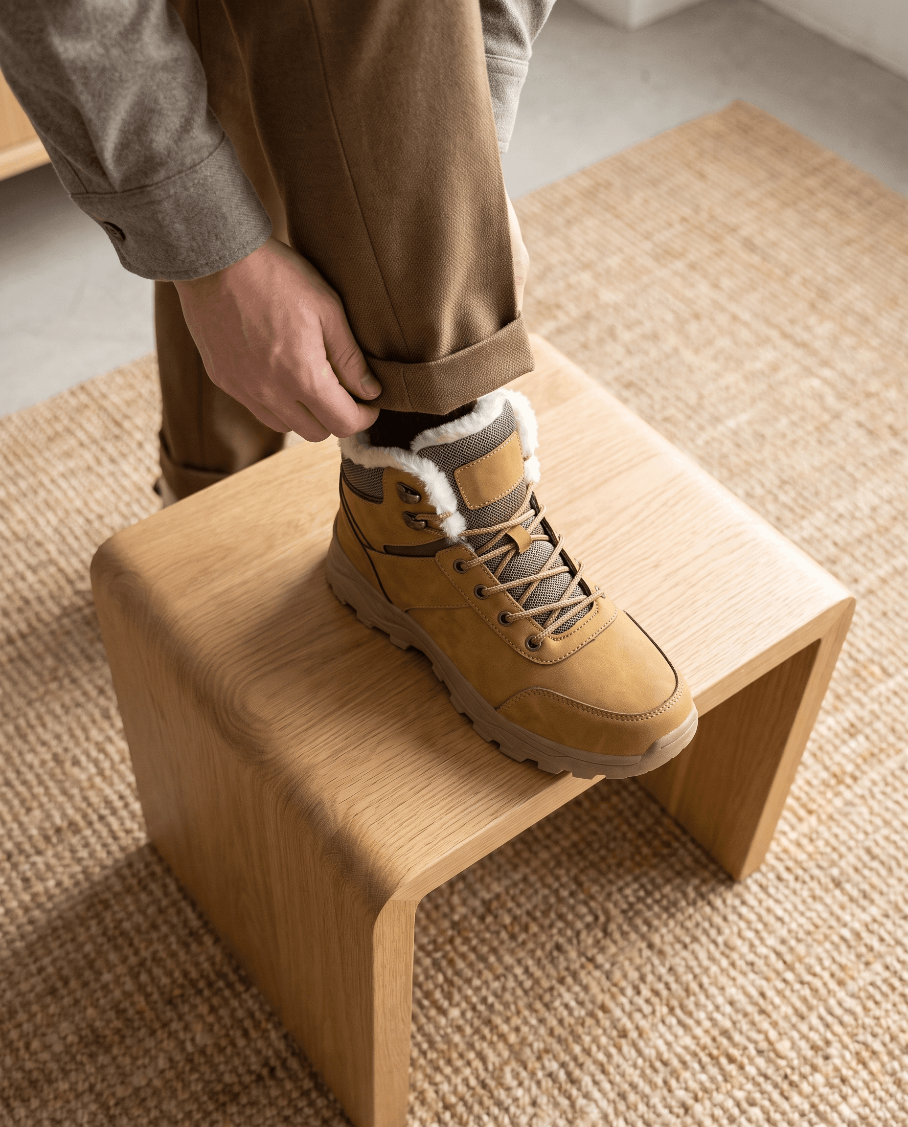 Person placing a gray winter boot on a wooden stool.