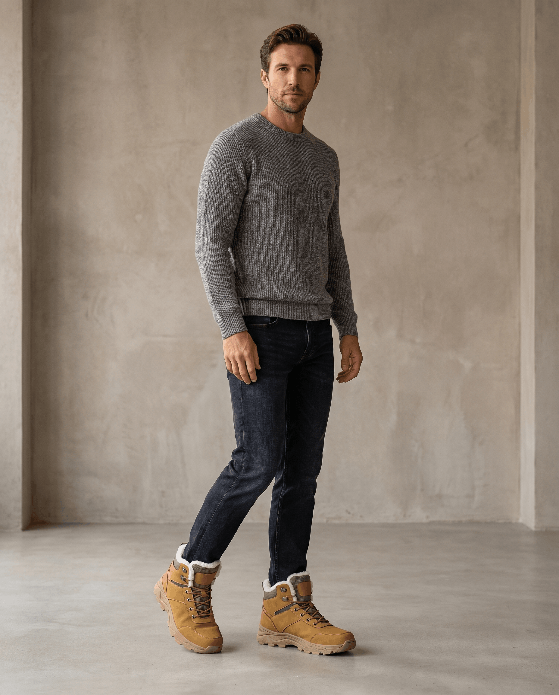 Man wearing gray winter boots with dark pants in a minimalist studio.