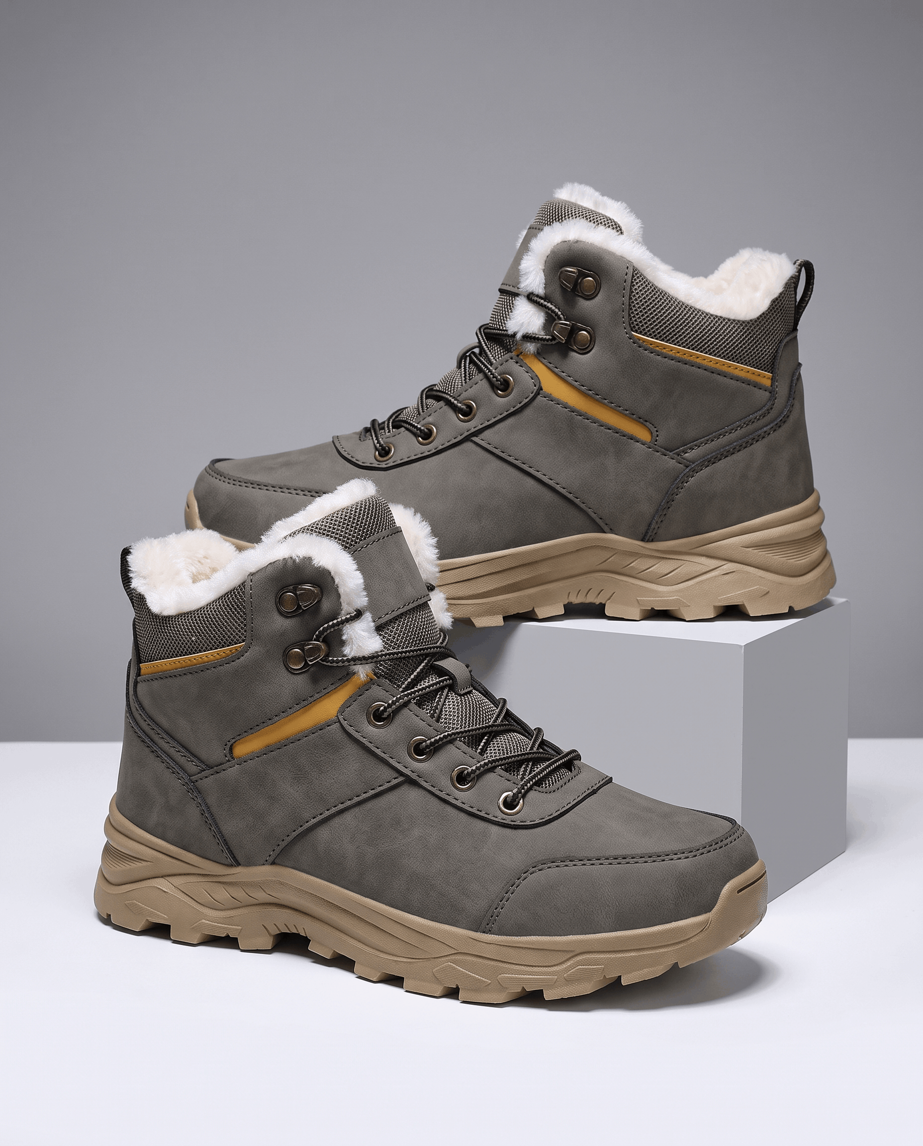 Gray insulated lace-up winter boots displayed against a neutral background.