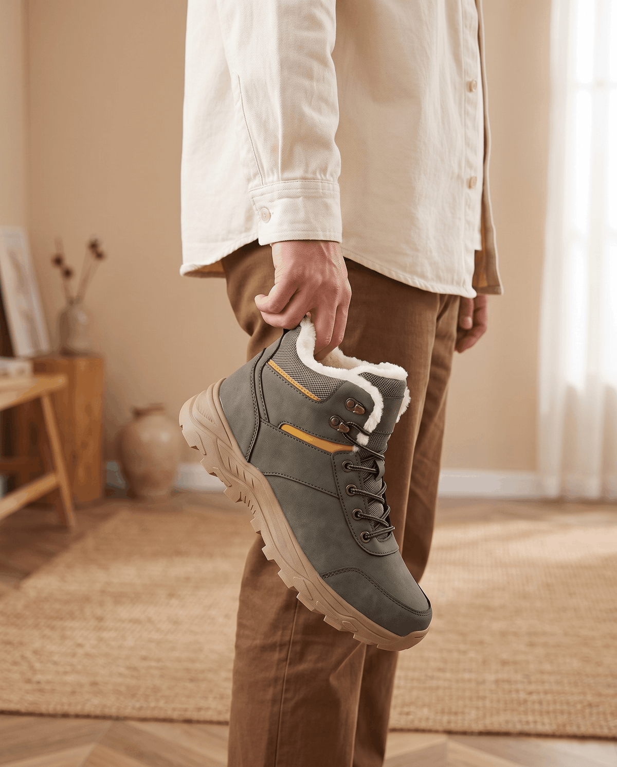 Person holding a gray winter boot indoors.