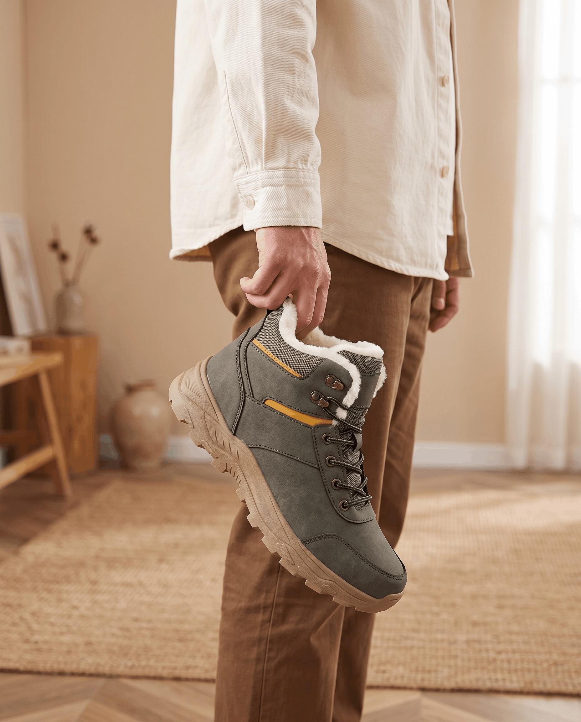Person holding a gray winter boot indoors.