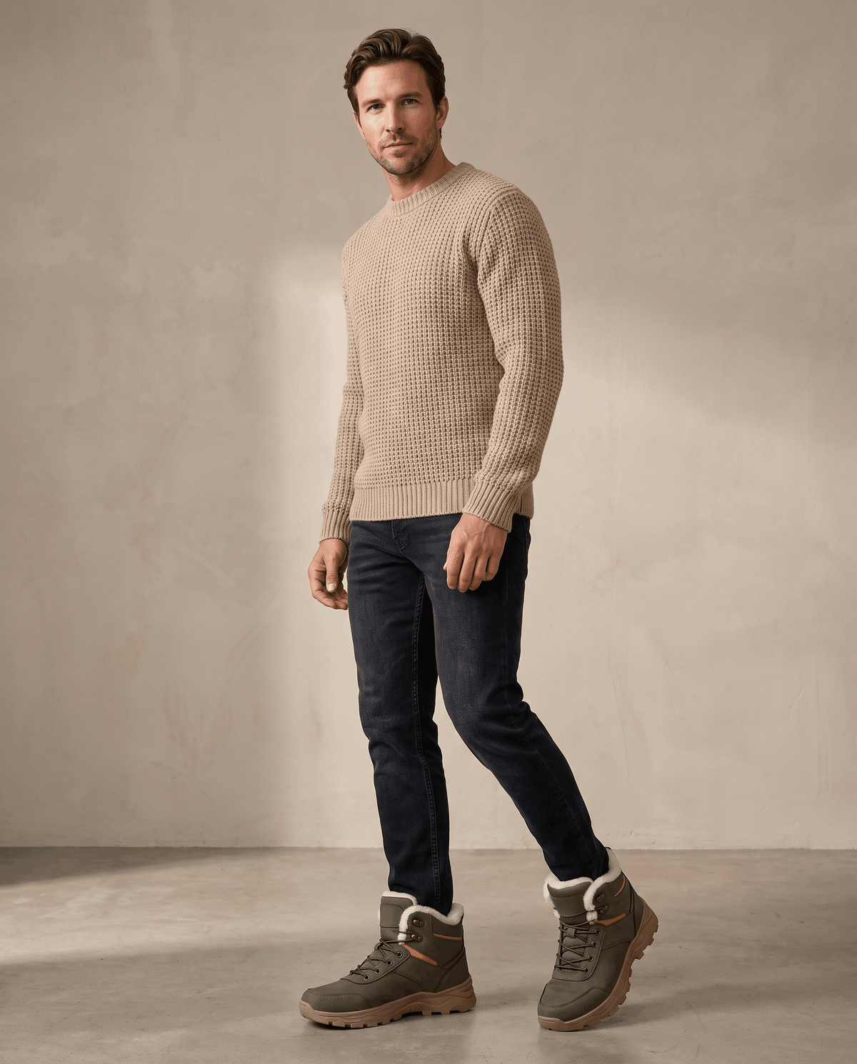 Man wearing gray winter boots with dark pants in a minimalist setting.