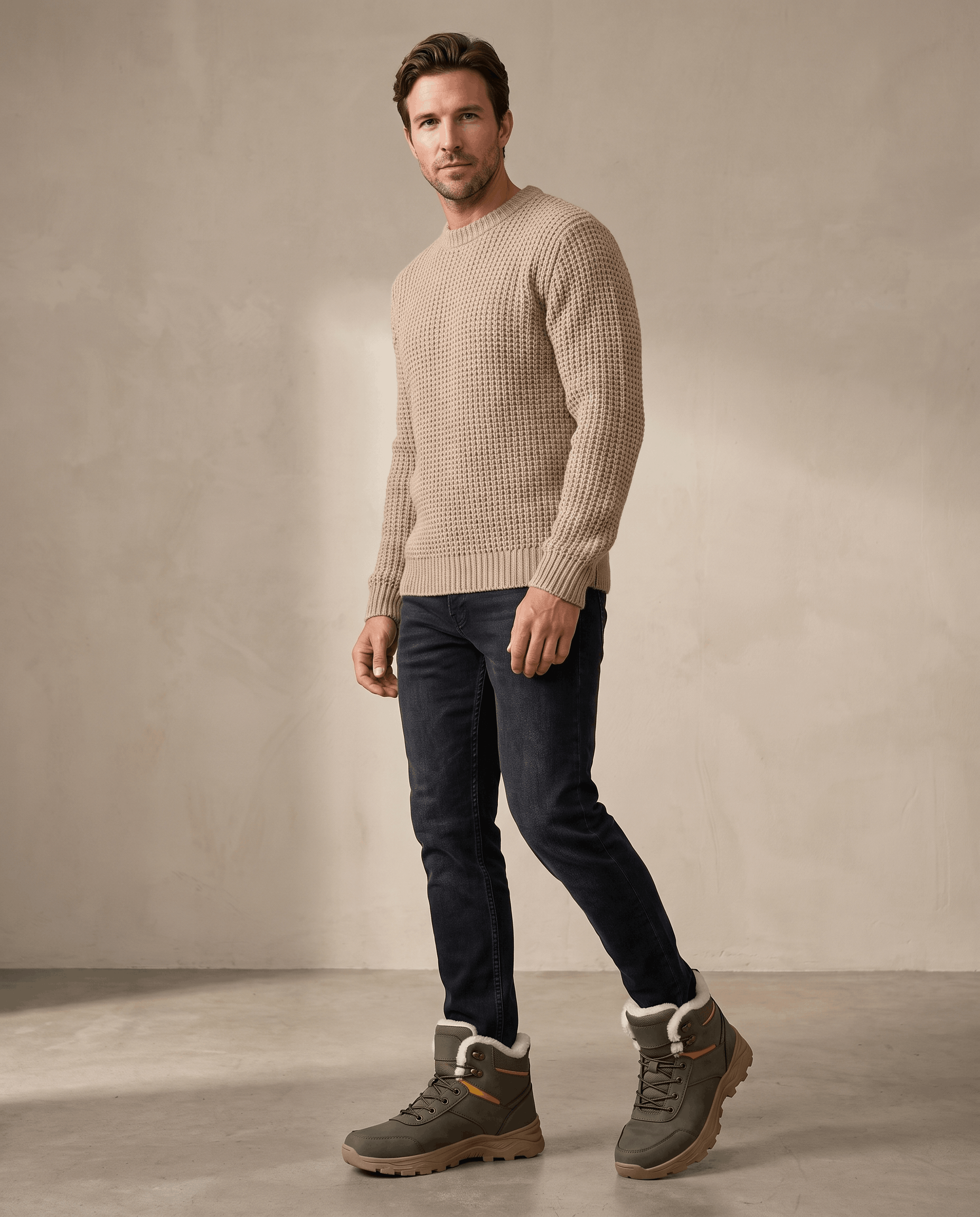 Man wearing gray winter boots with dark pants in a minimalist setting.