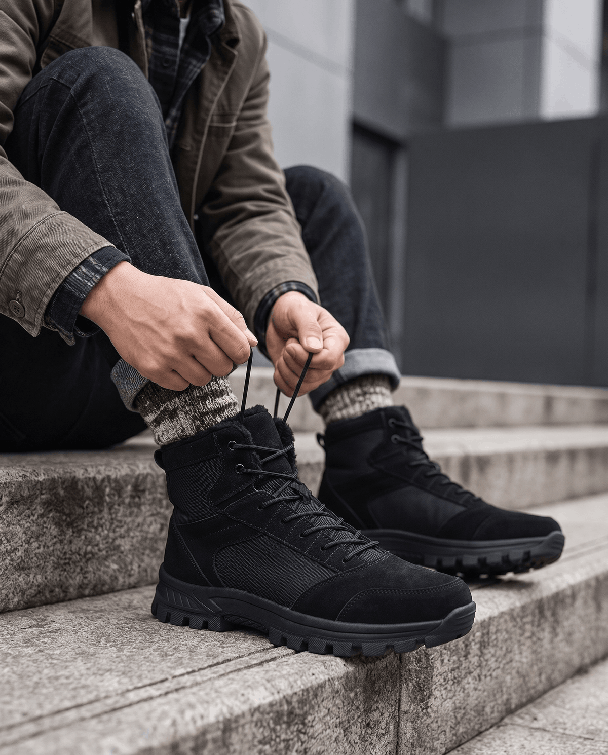 Man on outdoor steps tightening the laces of black fleece-lined boots