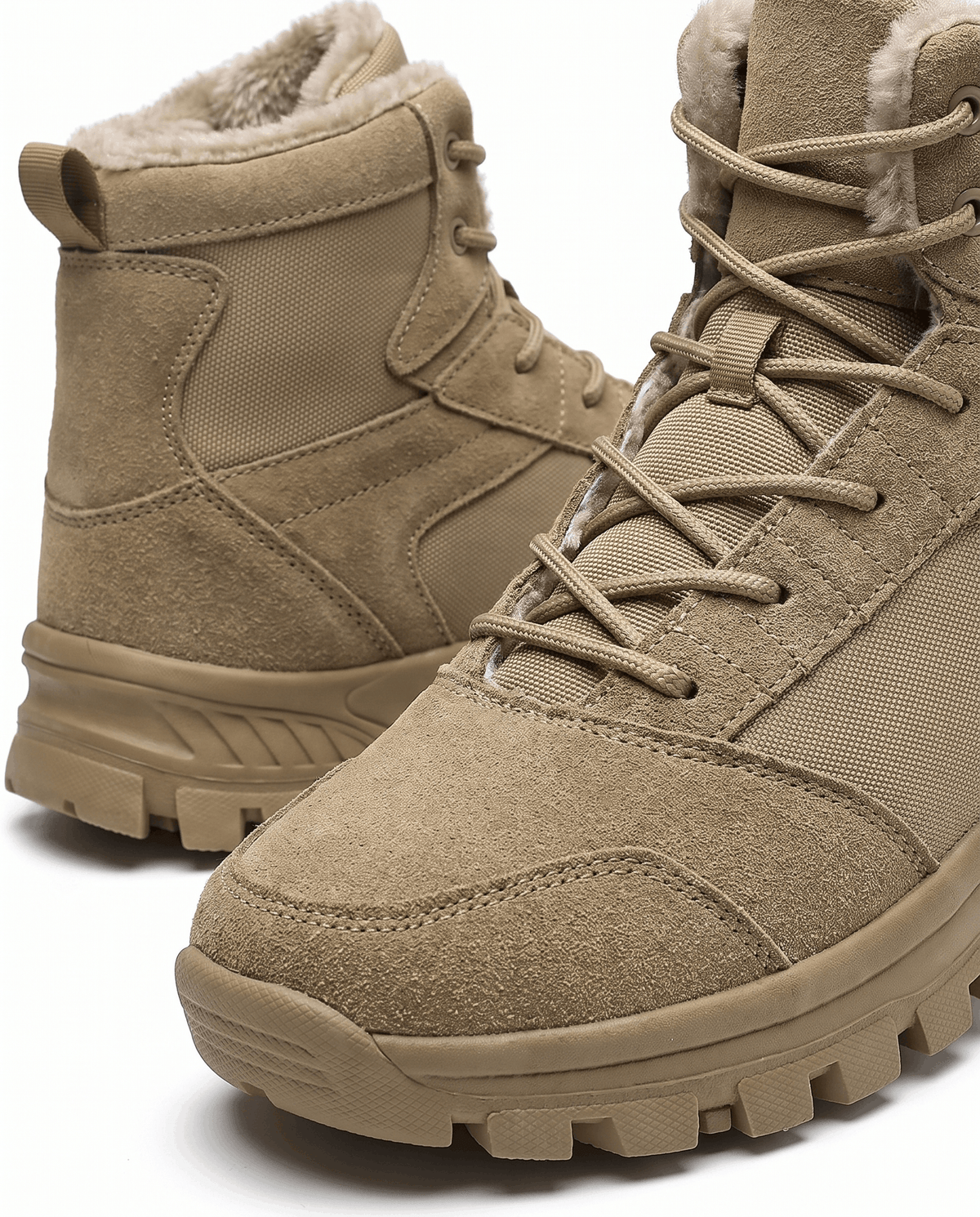 Close view of the fleece collar and lacing on a tan ankle boot