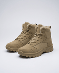 Men's fleece-lined trail boots in tan with a chunky lug outsole, angled view