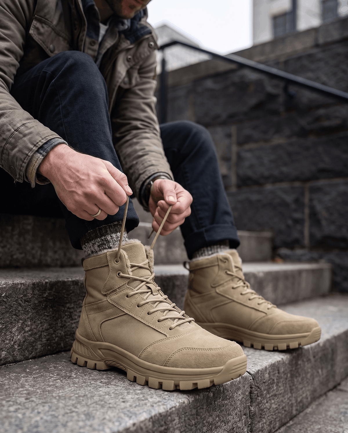 Man seated on concrete steps lacing a tan boot, dark jeans cuffed above