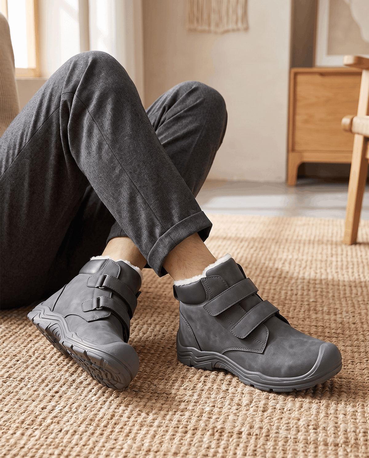 Person wearing gray insulated boots while seated indoors.