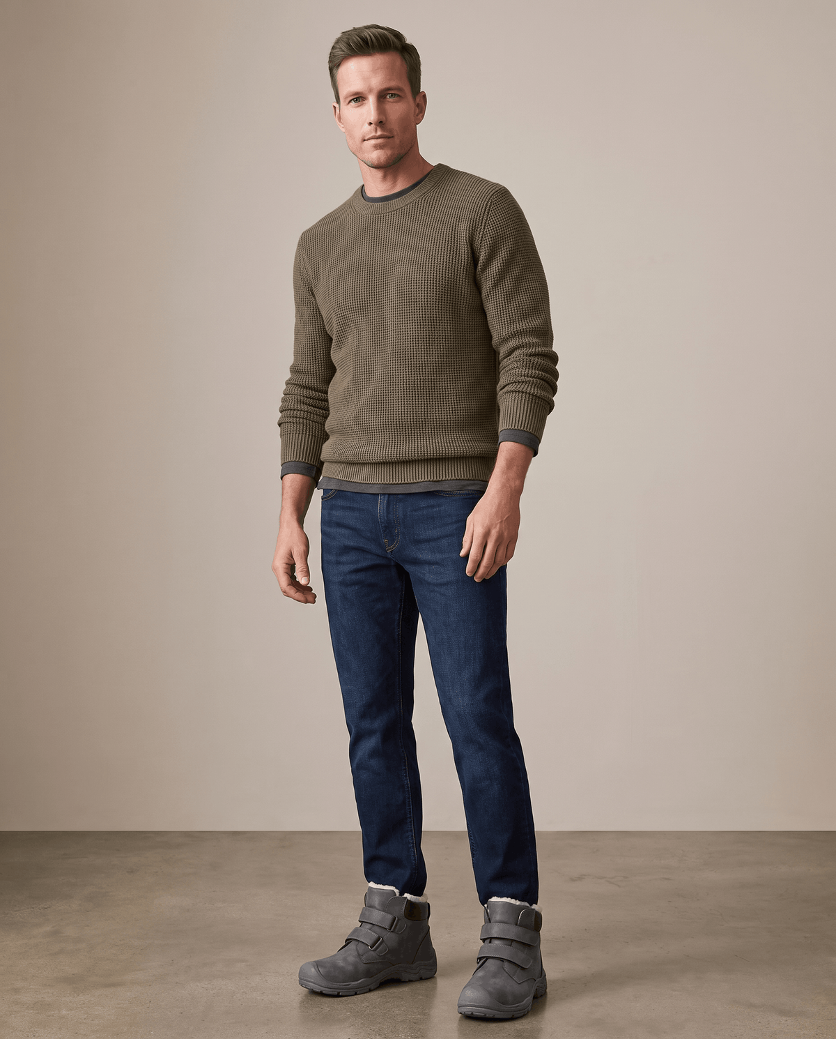 Man wearing gray insulated boots with a casual outfit.