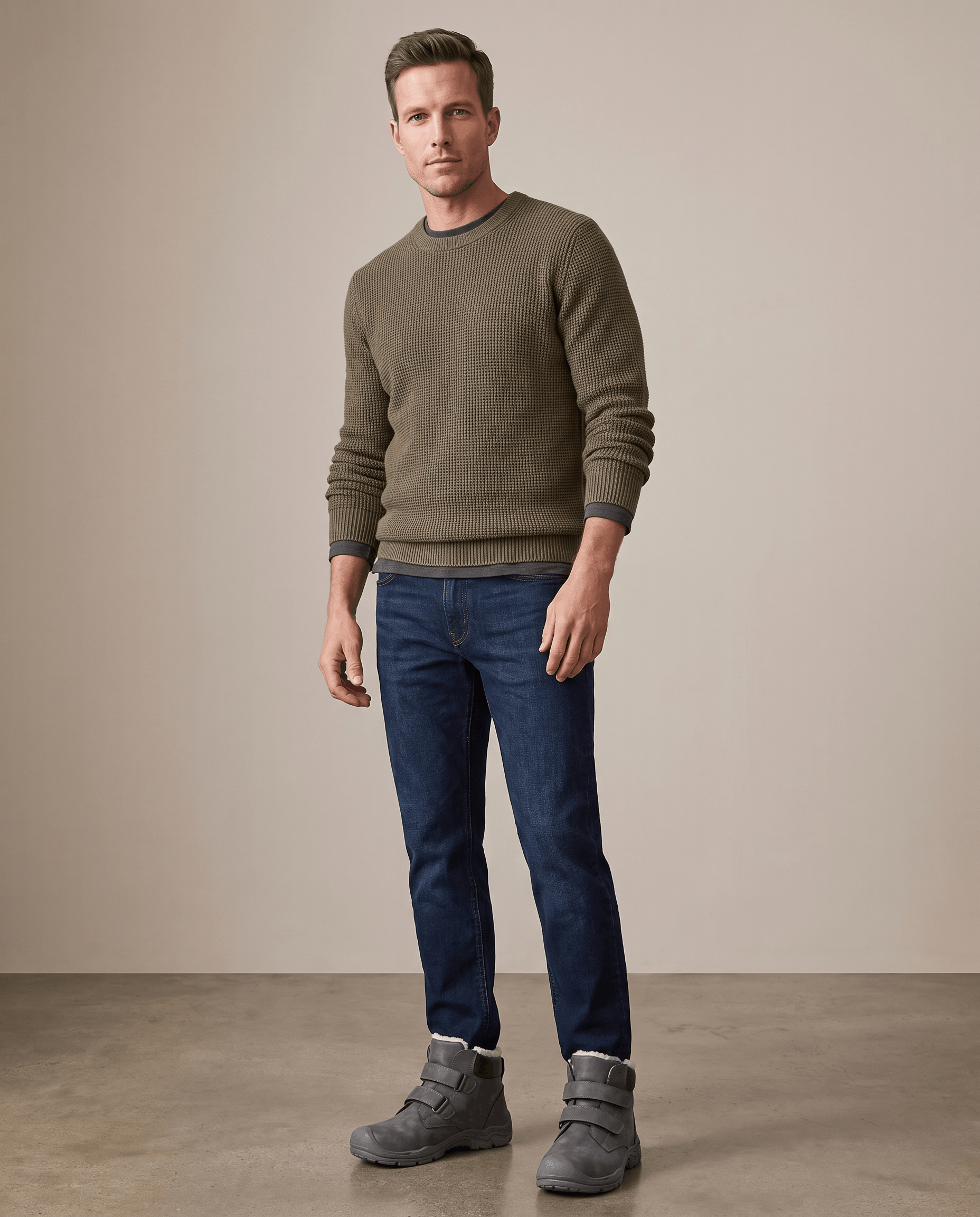 Man wearing gray insulated boots with a casual outfit.