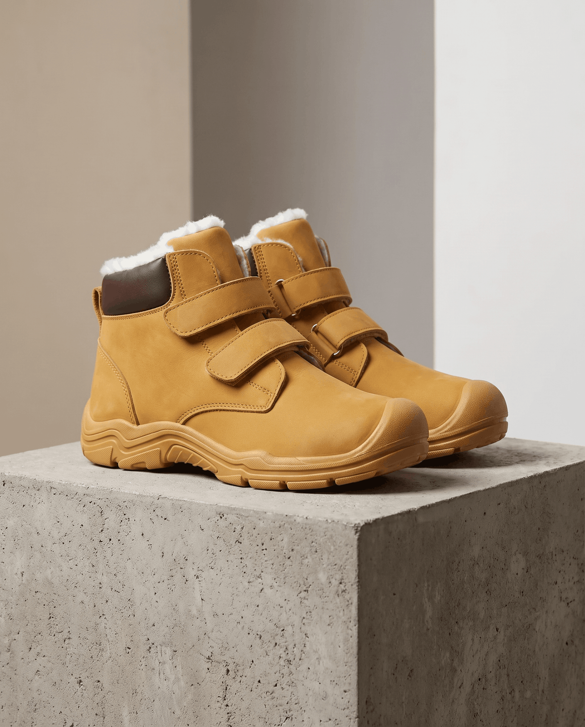 Pair of tan insulated ankle boots displayed on a concrete pedestal.