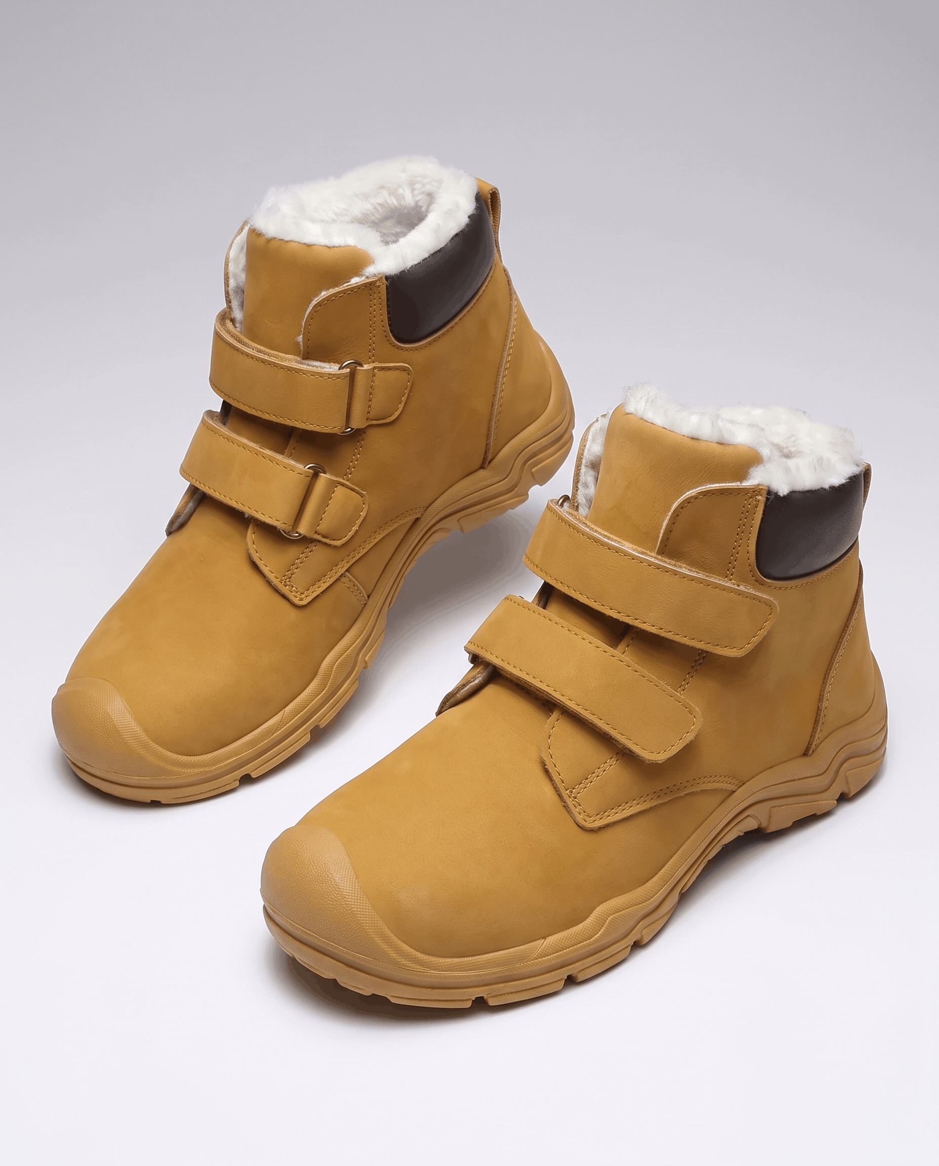 Pair of tan insulated boots shown from above.