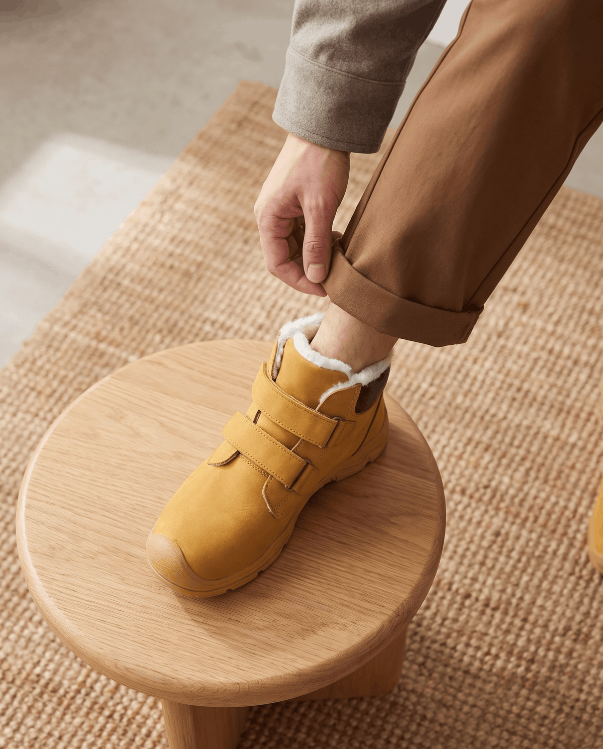 Person adjusting tan insulated boots while seated.