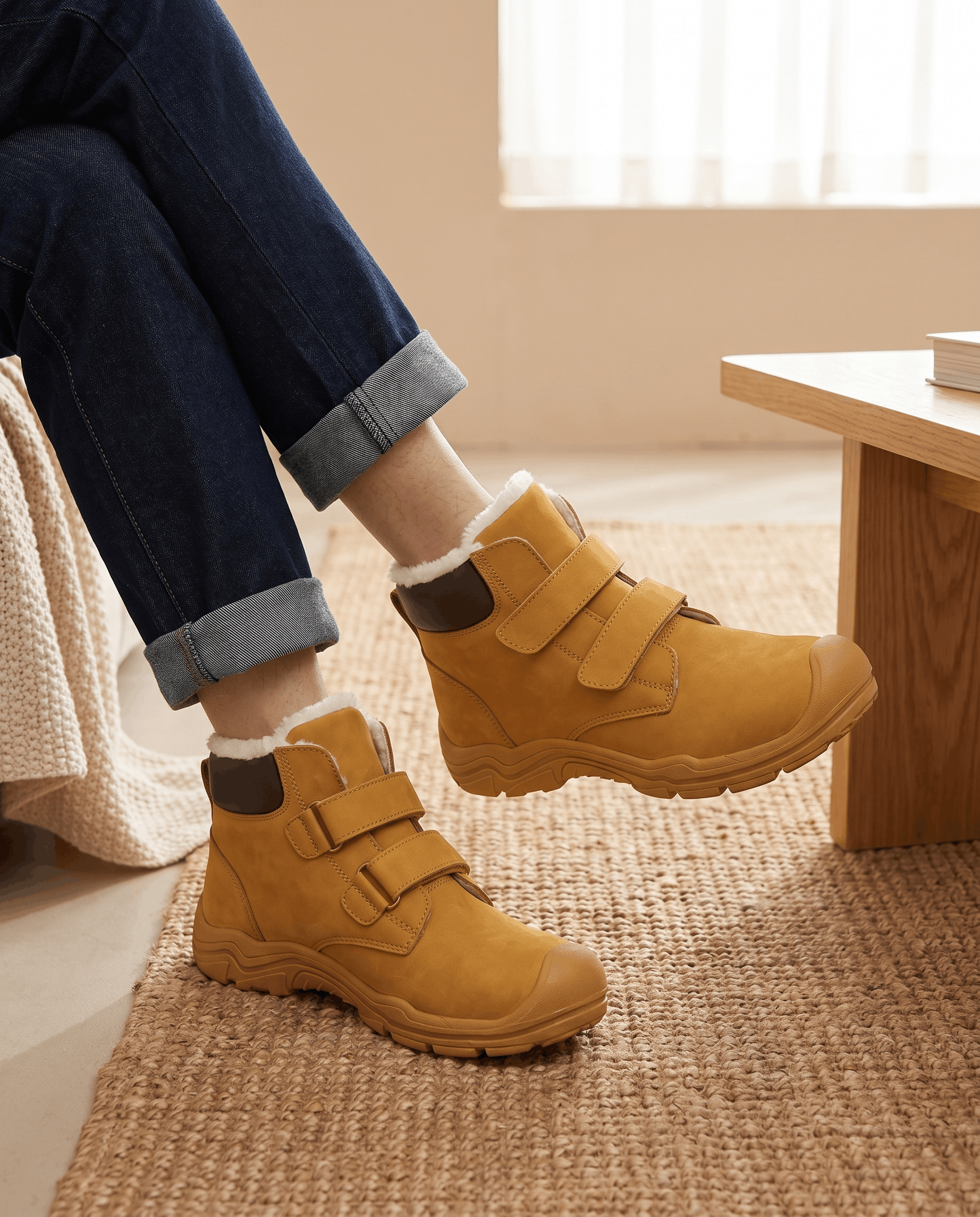 Person wearing tan fleece-lined twin strap boots while seated.