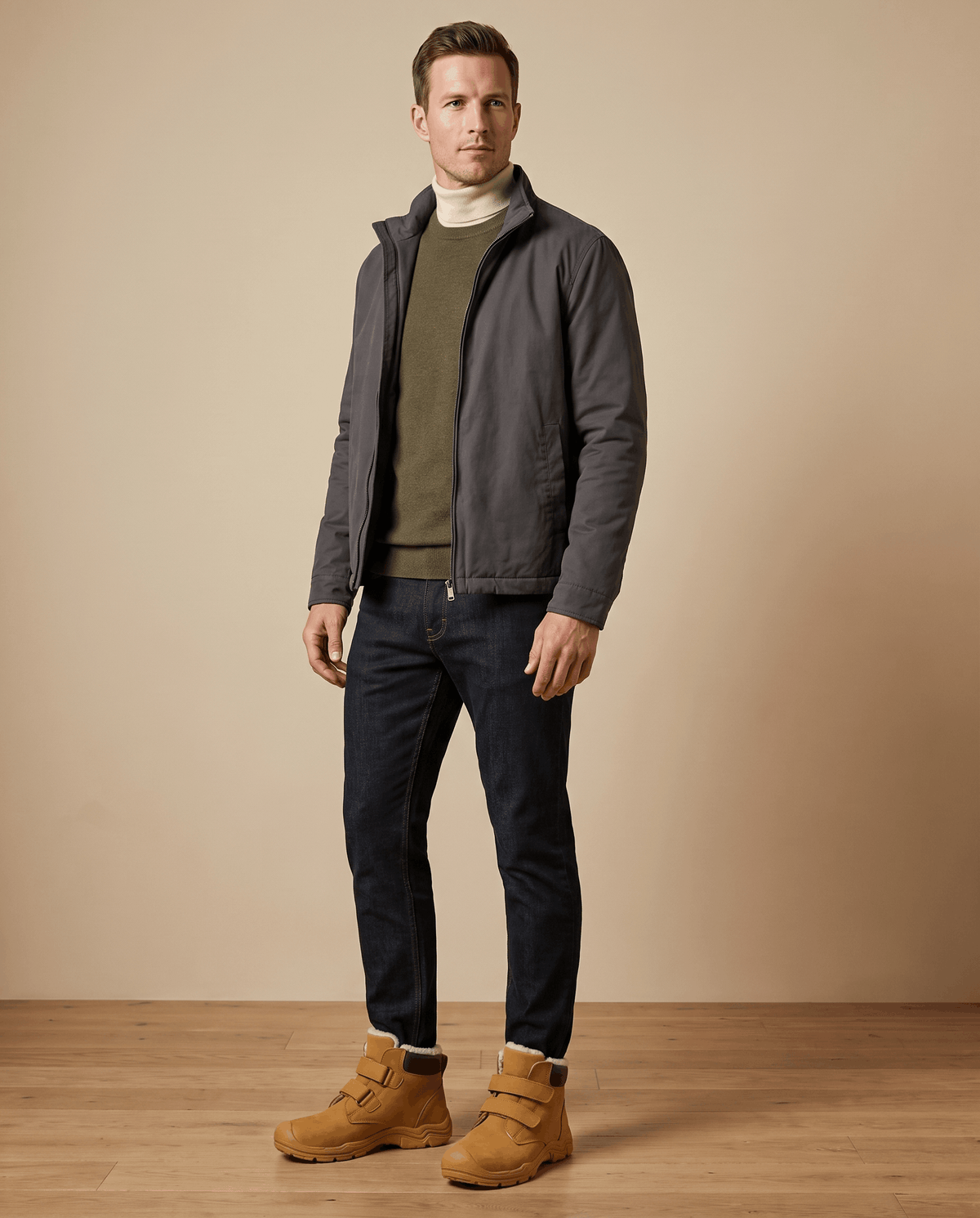 Man wearing tan insulated boots with a casual outfit.
