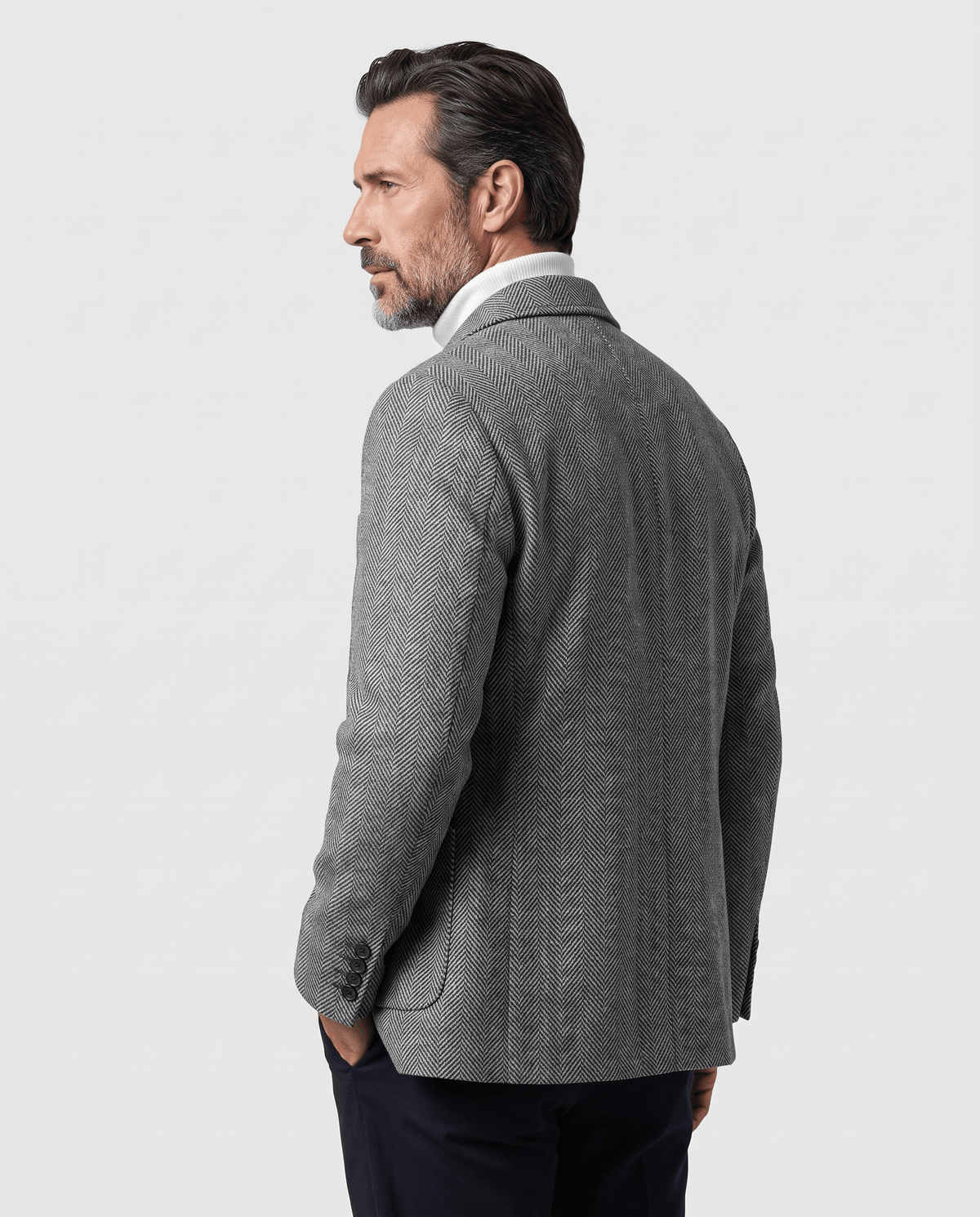 Back view of the Henrik gray herringbone wool coat