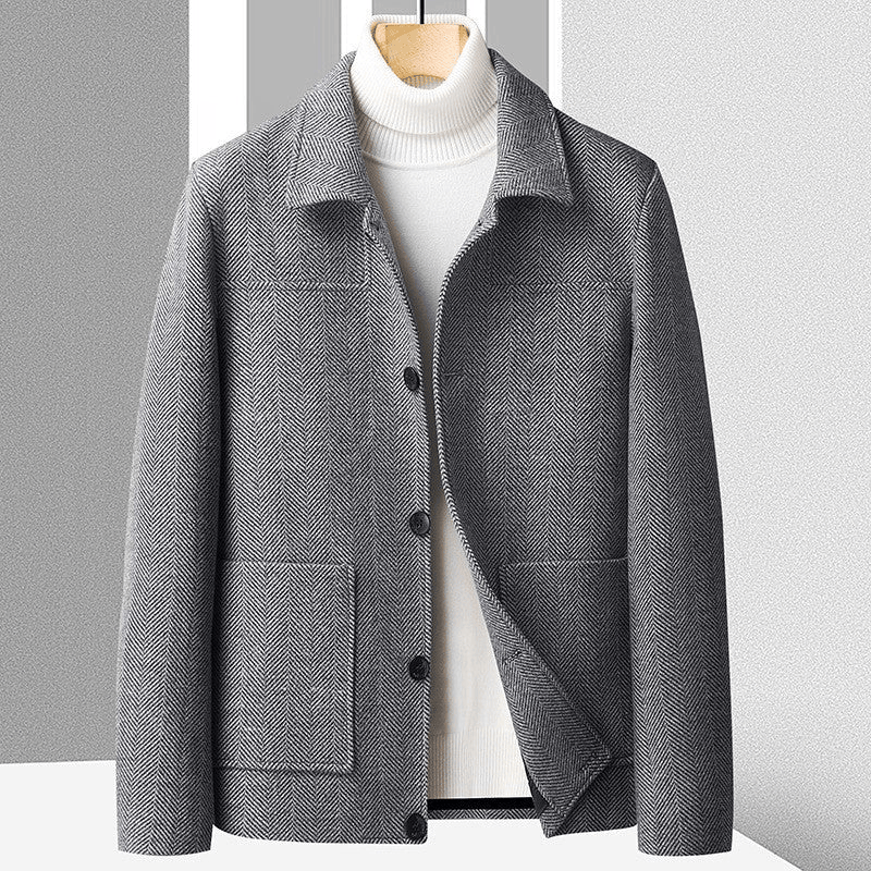Herringbone wool fabric pattern of the Henrik coat, gray colorway