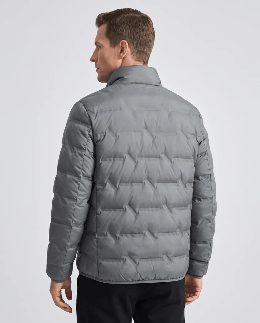 Back view of a man wearing a gray quilted puffer jacket