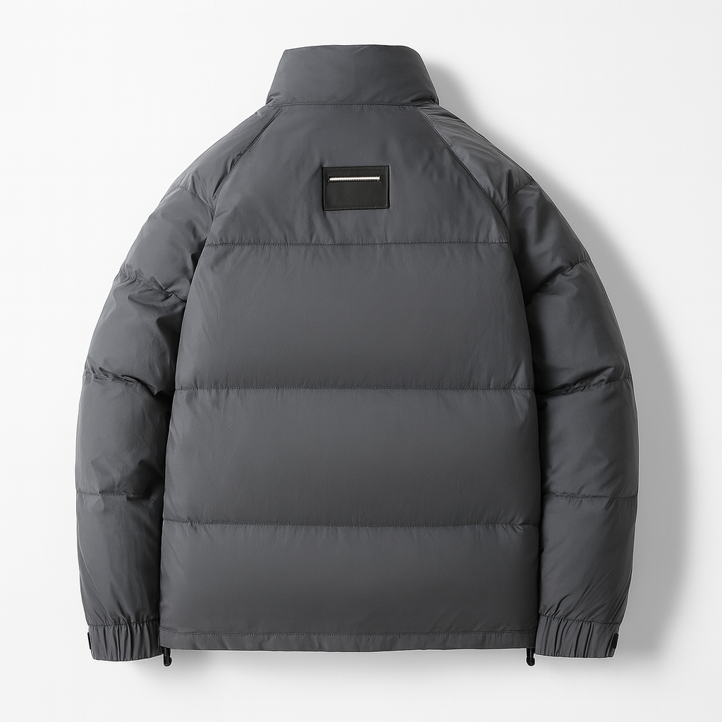 Gray stand collar puffer jacket laid flat, back view