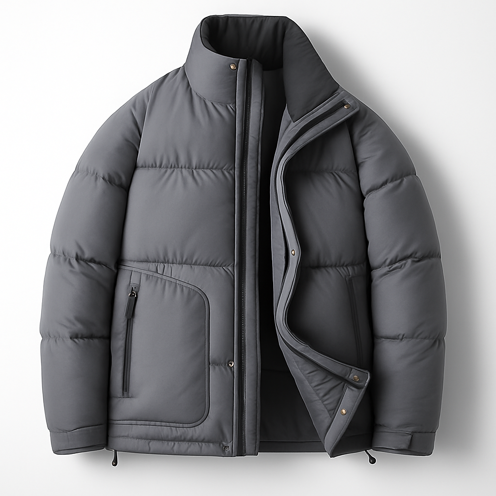 Gray stand collar puffer jacket laid flat with the front open