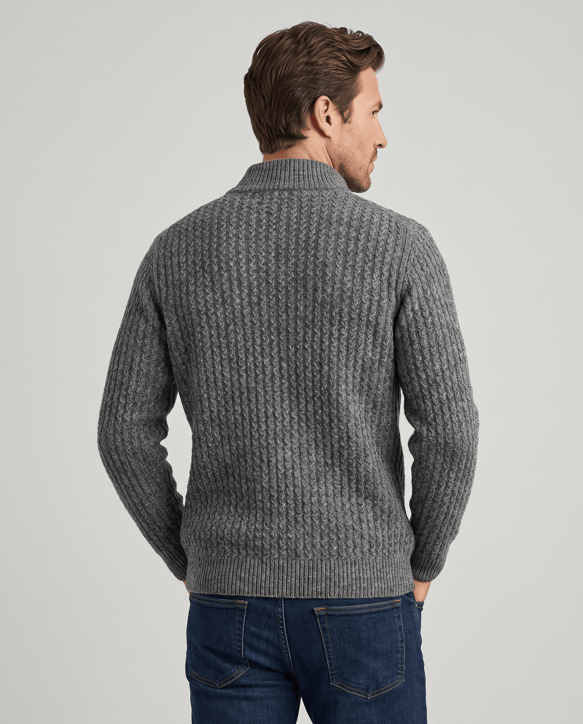 Back view of the Julian gray textured wool knit cardigan