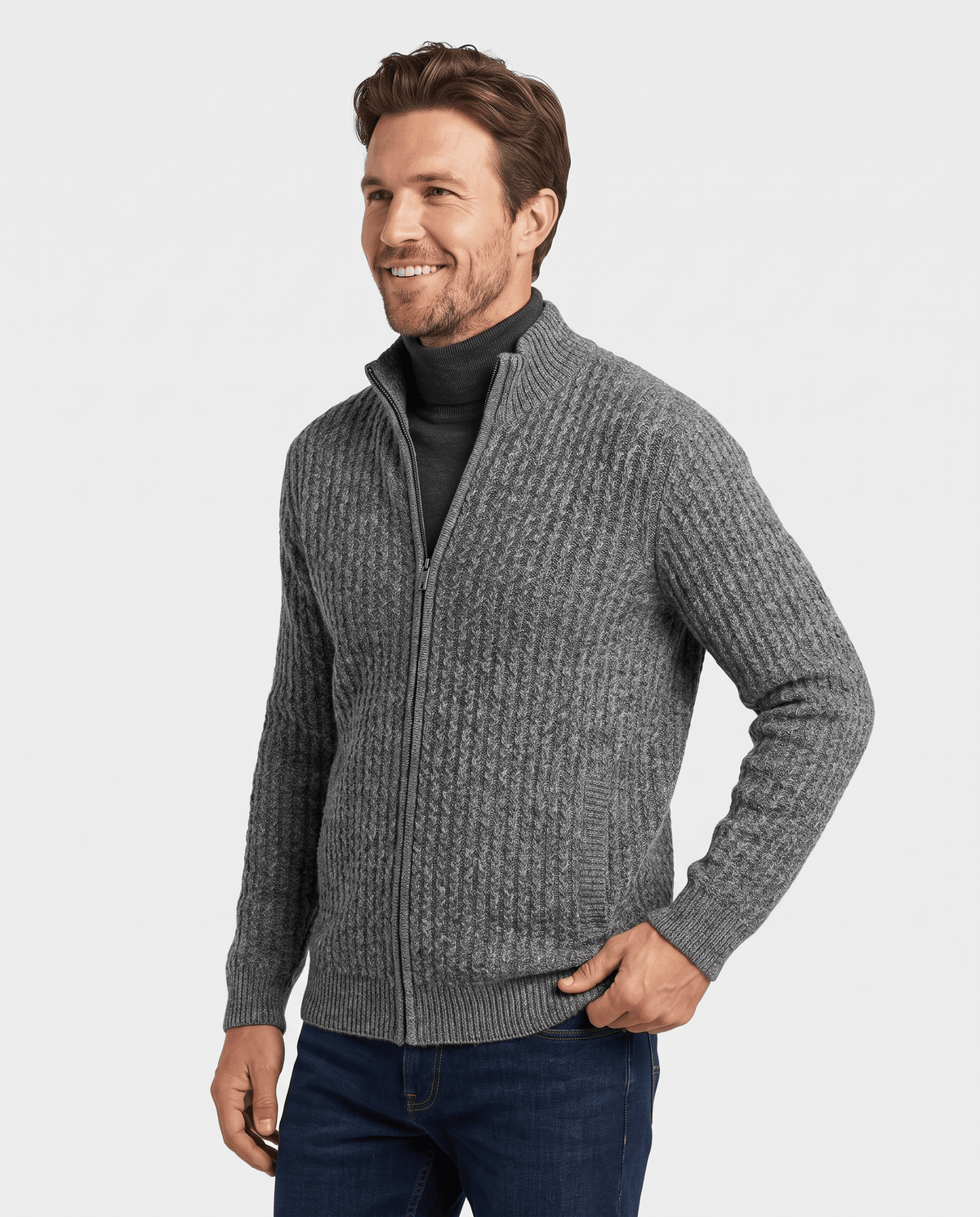 Man wearing the Julian gray textured wool knit full-zip cardigan, front view
