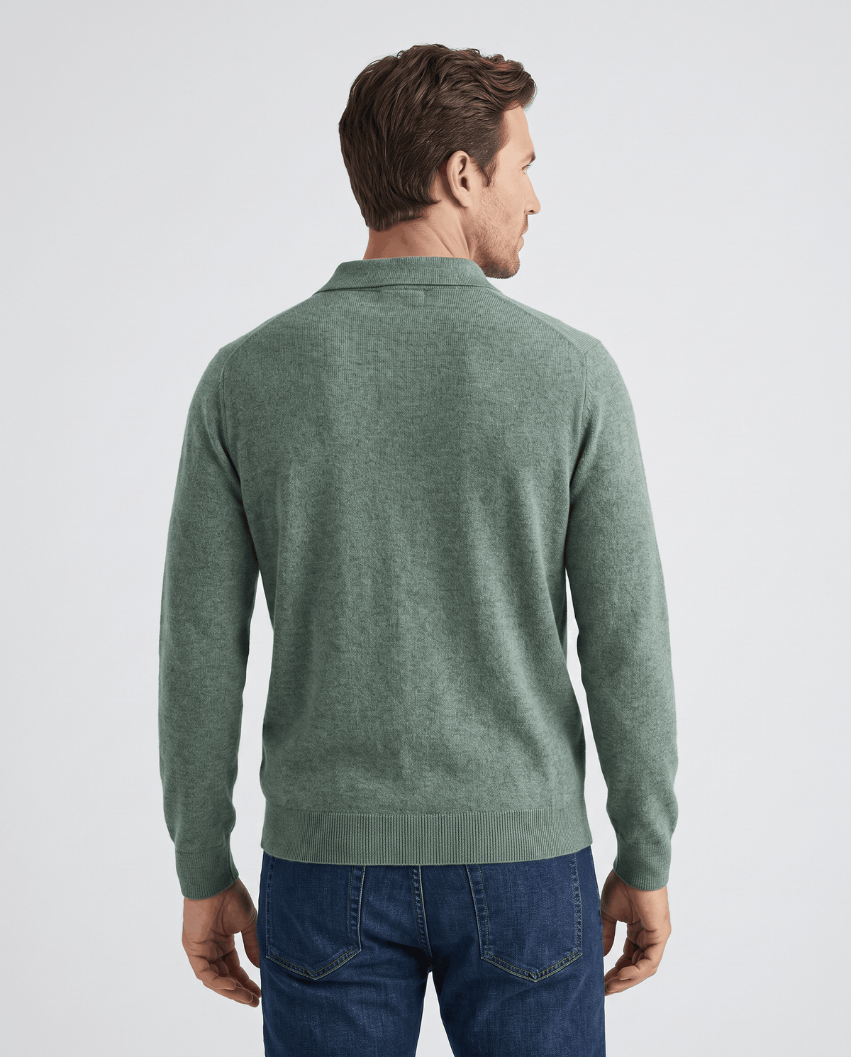 Back view of the Elias green wool knit polo sweater
