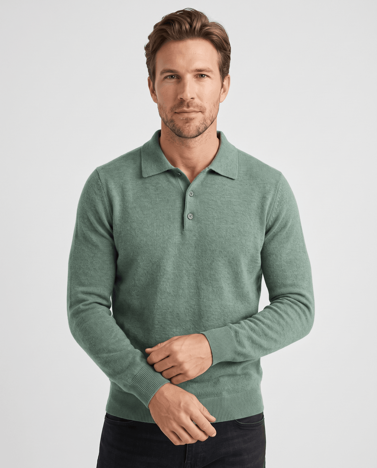 Man wearing the Elias green wool knit polo sweater, front view