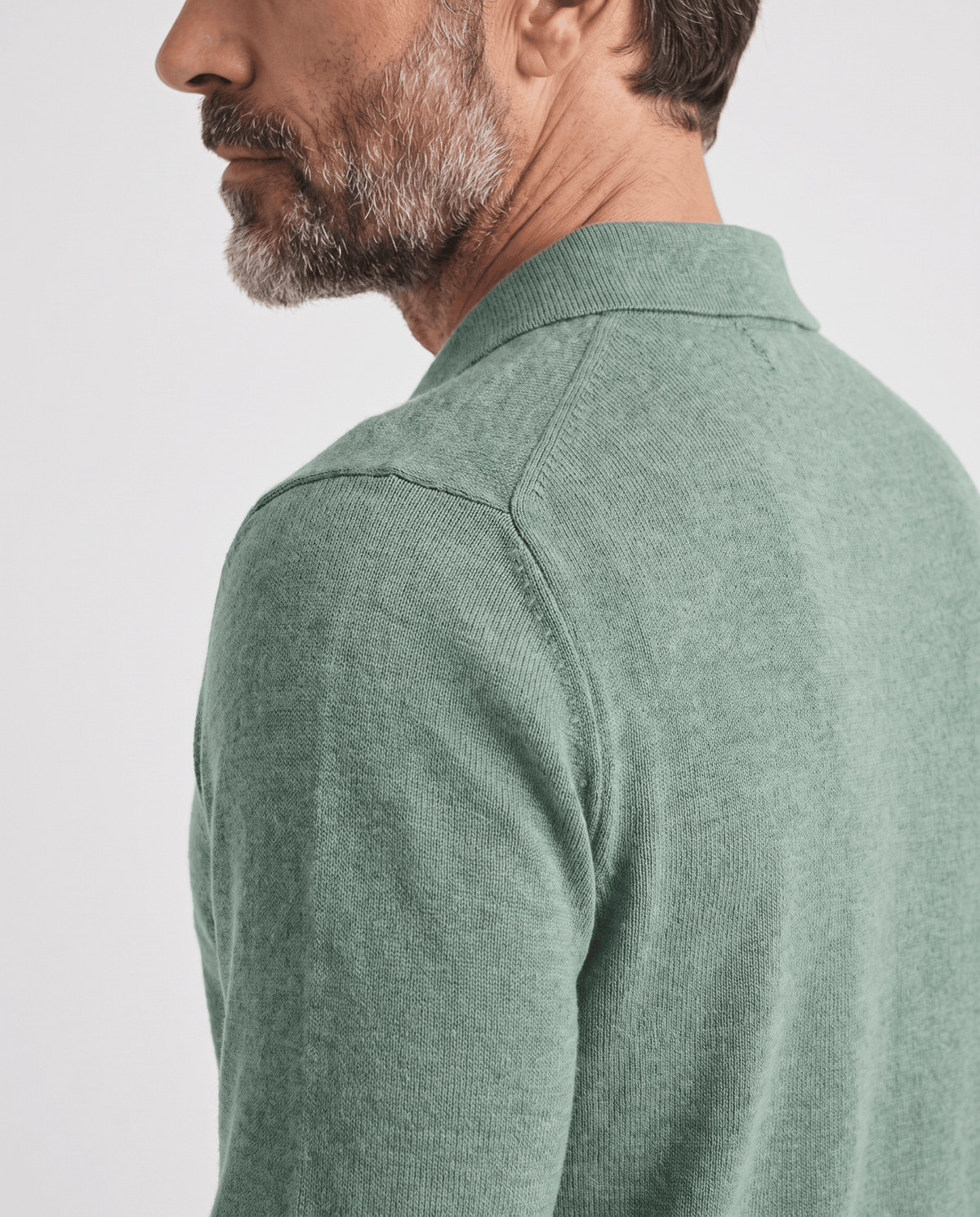 Shoulder and sleeve knit texture of the Elias green wool knit polo sweater