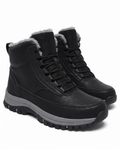 Men's high-top winter boots in black with a deep lug outsole, angled view