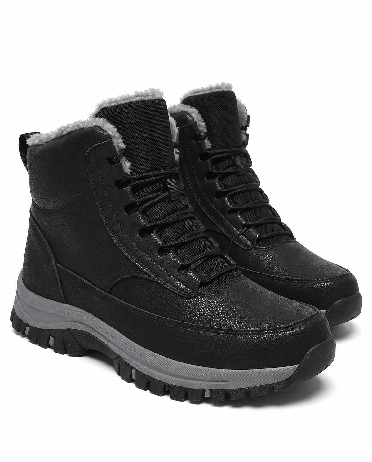 Men's high-top winter boots in black with a deep lug outsole, angled view