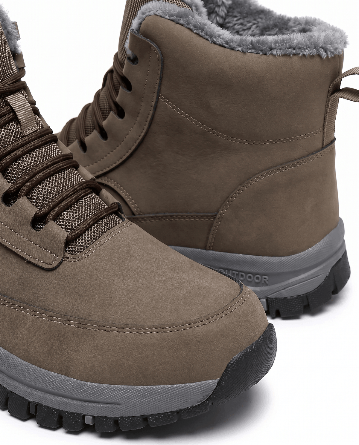 Brown pair with plush fleece collars turned out above the laces
