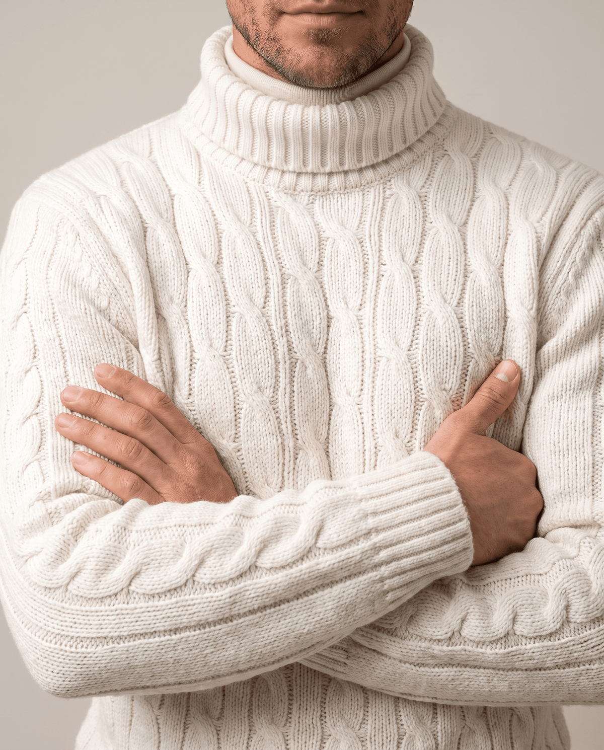 Close-up of white fold-over turtleneck collar with ribbed knit texture