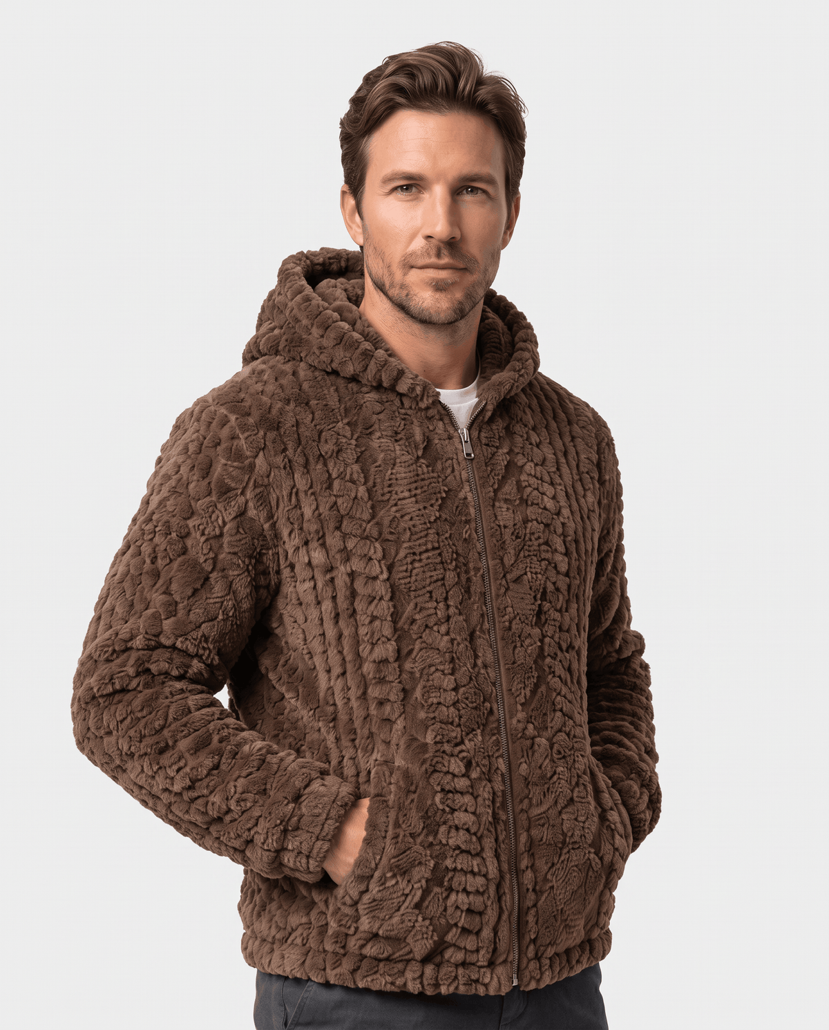 Front view of dark brown hooded jacket zipped, with plush cable-knit pile