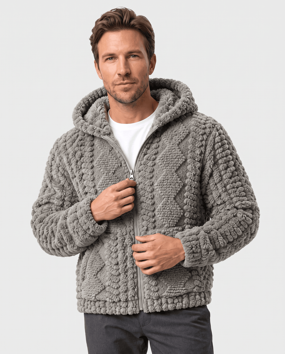 Men's hooded fleece jacket in gray with cable-knit texture and full-length zip