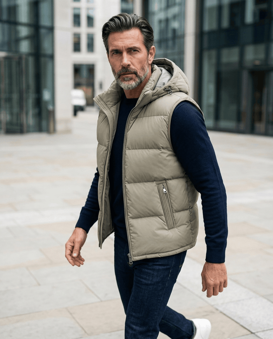 Beige quilted hooded vest styled with a navy sweater on a sunlit city pavement