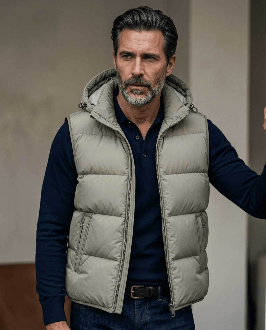 Beige hooded quilted vest over a navy sweater, standing outdoors beside a glass-fronted building