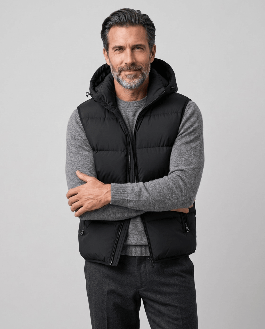Black quilted vest with hood zipped over a gray sweater, arms crossed in studio
