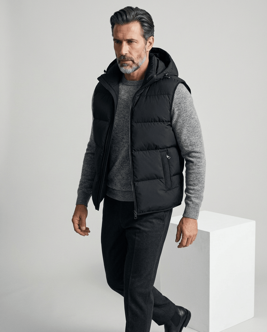 Black hooded quilted vest in a side-angle walking pose over a gray sweater and dark trousers