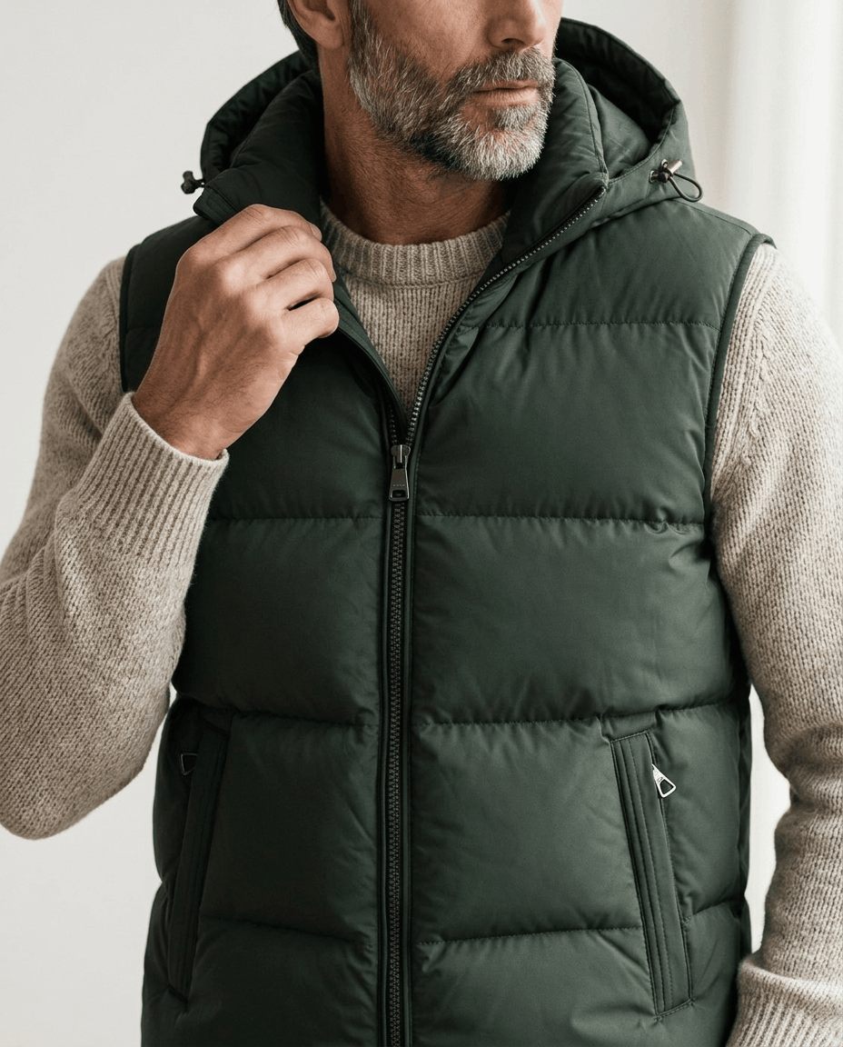 Close-up of green quilted vest showing front zip, zip side pocket and hood