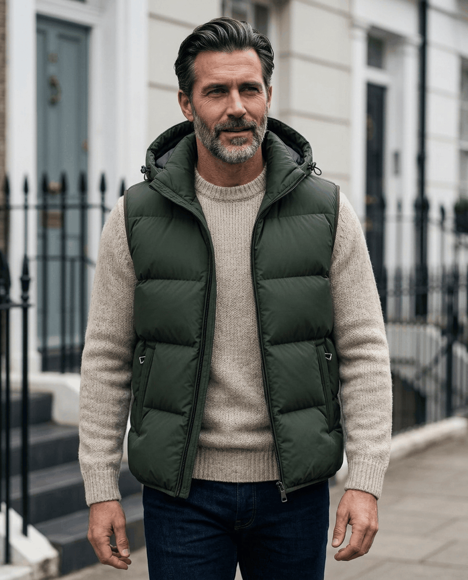 Green quilted hooded vest styled over a cream sweater on a city street with iron railings