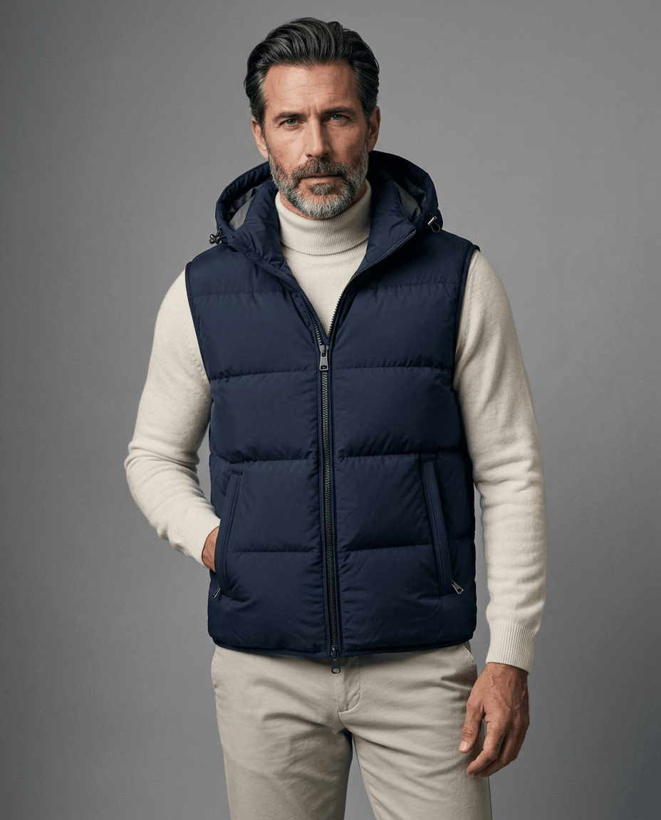 Navy quilted vest with hood over a cream sweater, hands in pockets against a gray studio backdrop