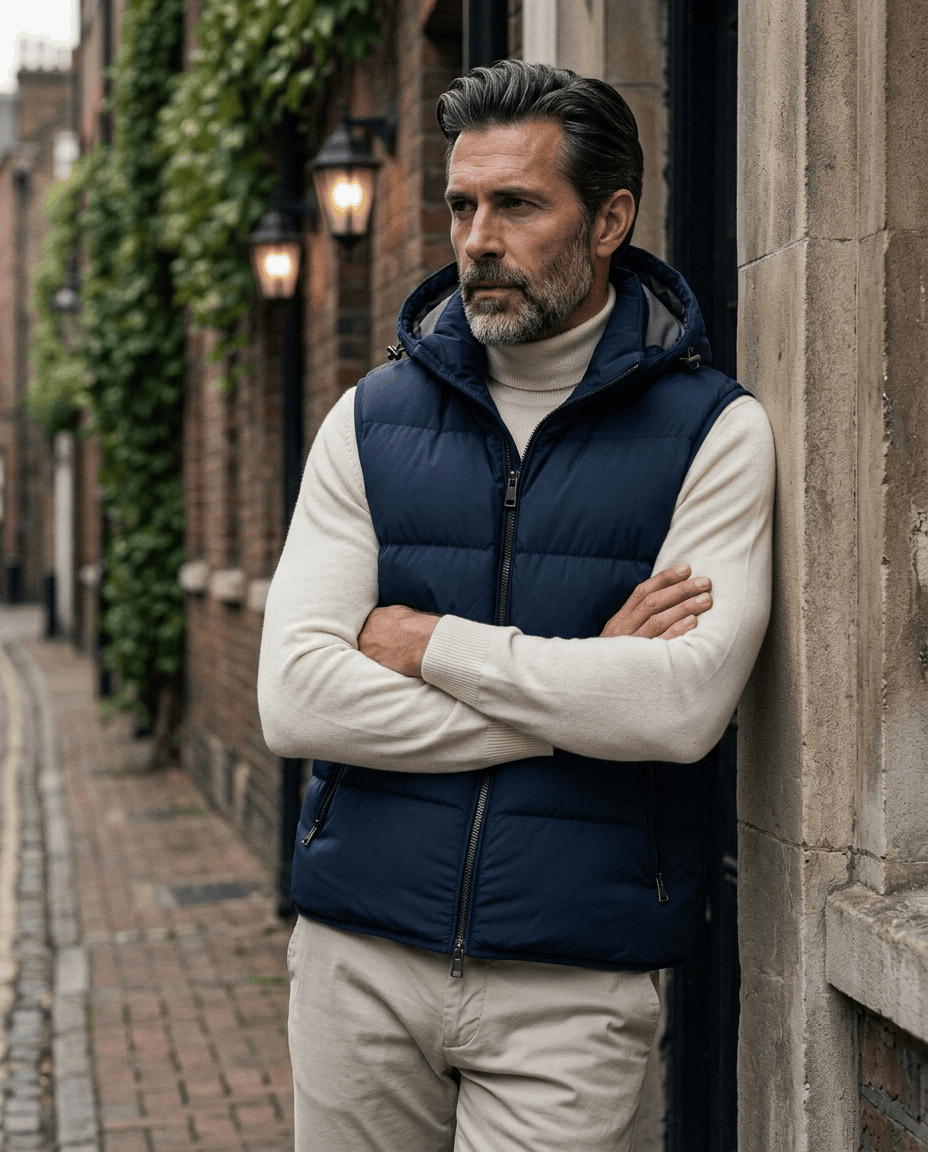 Navy quilted hooded vest worn over a cream sweater on a leafy city side street