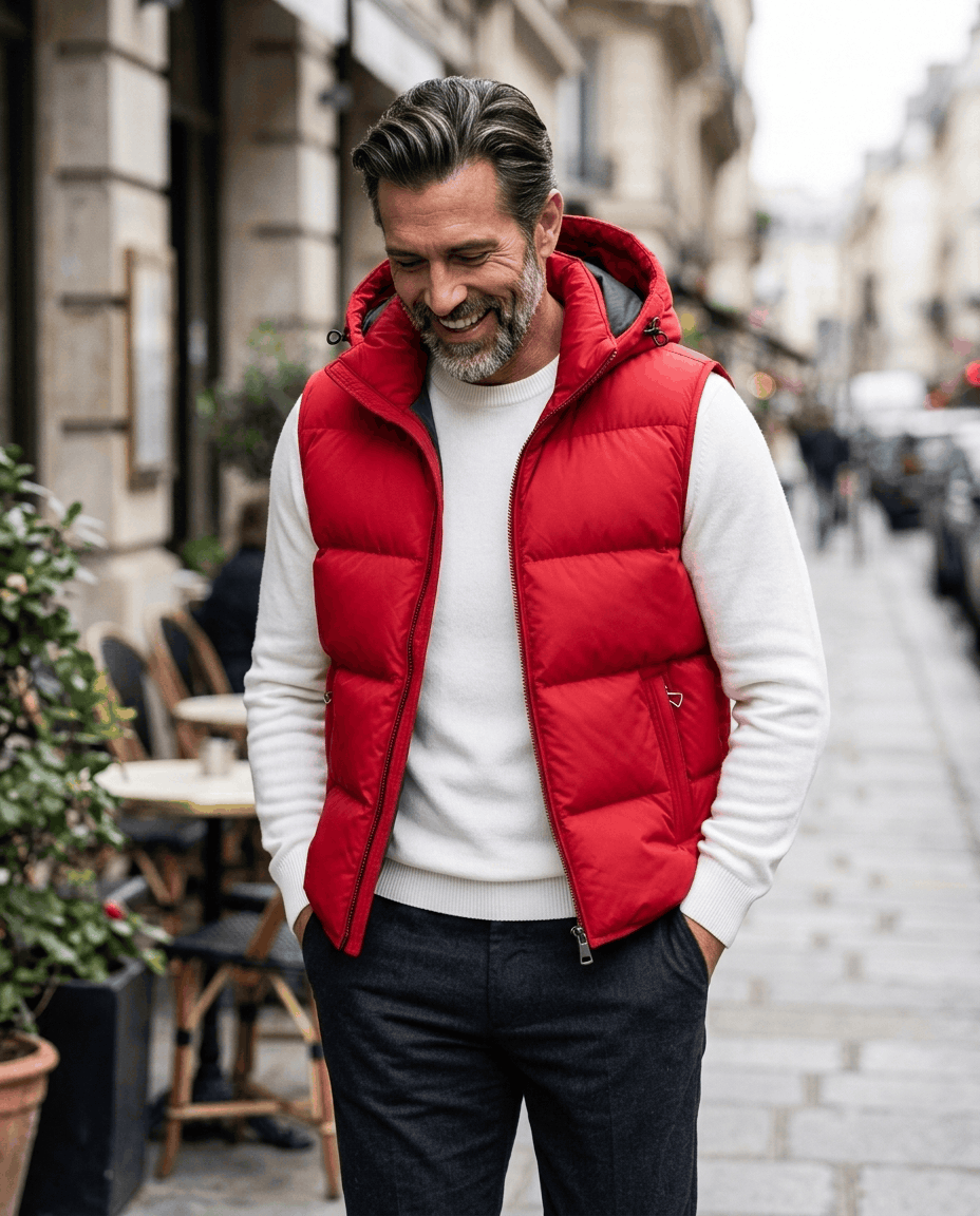 Red quilted hooded vest worn over a white sweater outside a city cafe